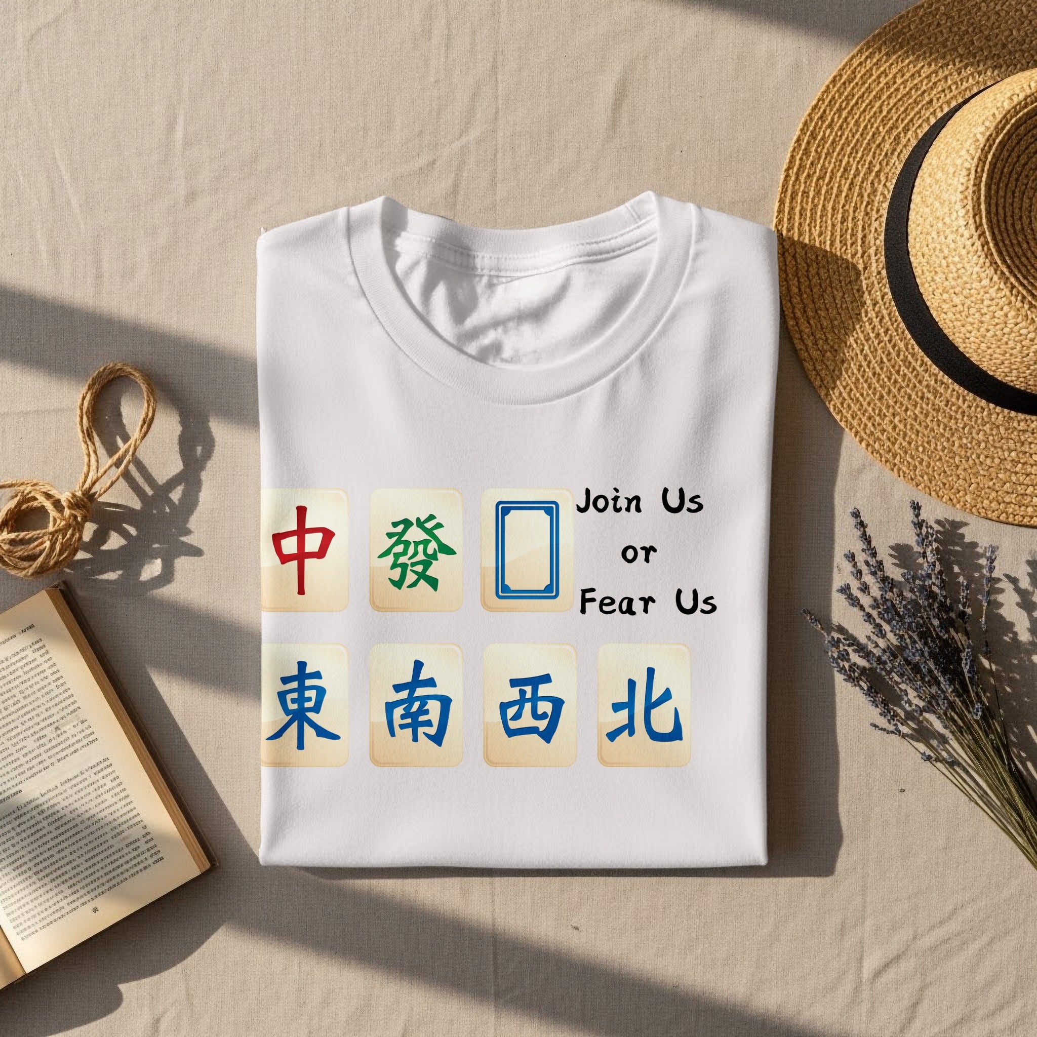 White t-shirt with Mahjong tiles and text "Join Us or Fear Us".