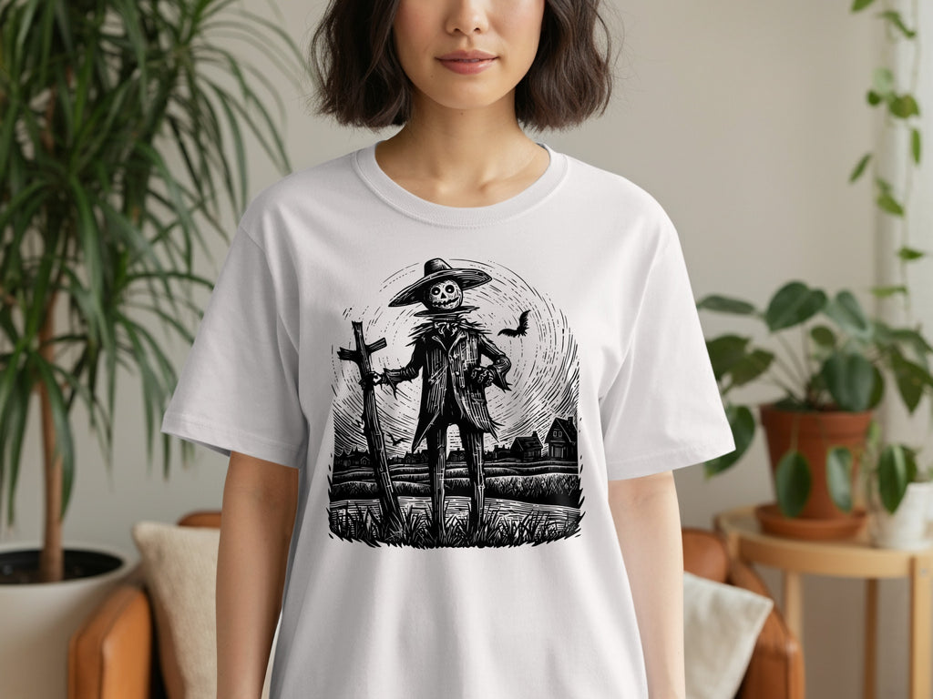 Scarecrow with moon, bat, and houses etching on a white t-shirt.