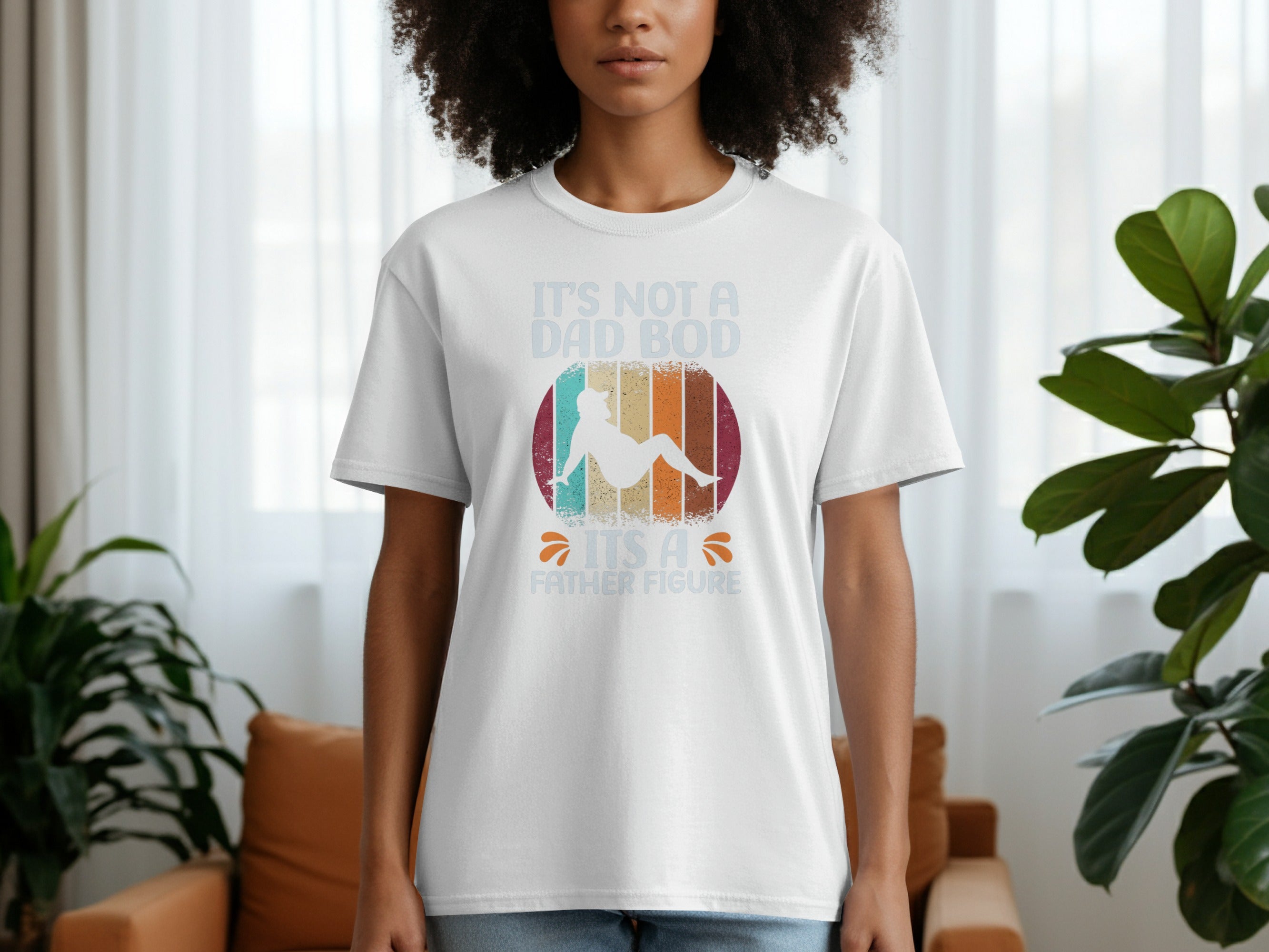 White t-shirt with "It's not a dad bod, it's a father figure" text and graphic.