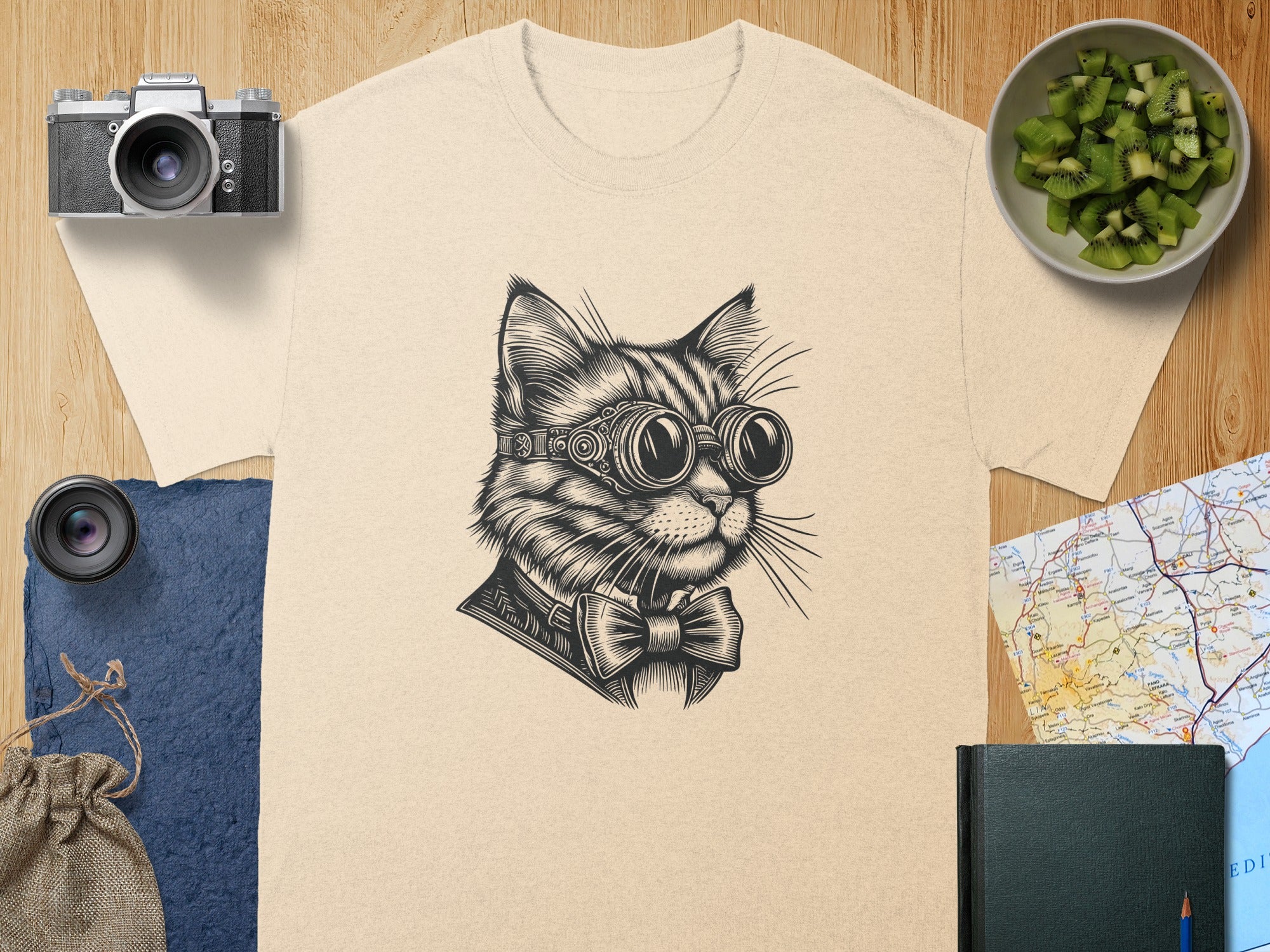 T-shirt with black line drawing of cat wearing steampunk goggles and bow tie.