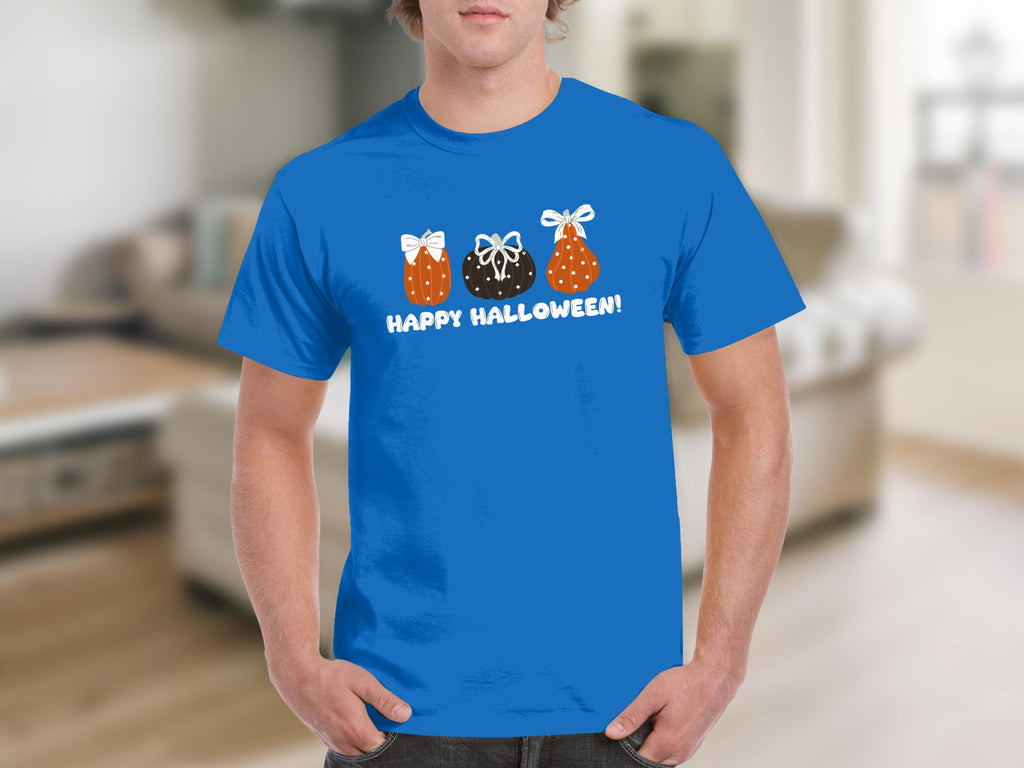 Blue t-shirt featuring three decorated pumpkins and the text "HAPPY HALLOWEEN!".