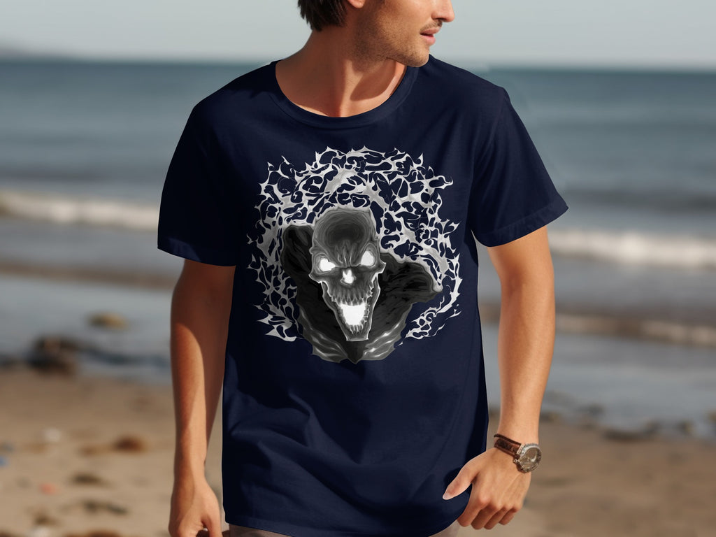 Dark navy t-shirt with print of glowing skull and swirling white abstract design.