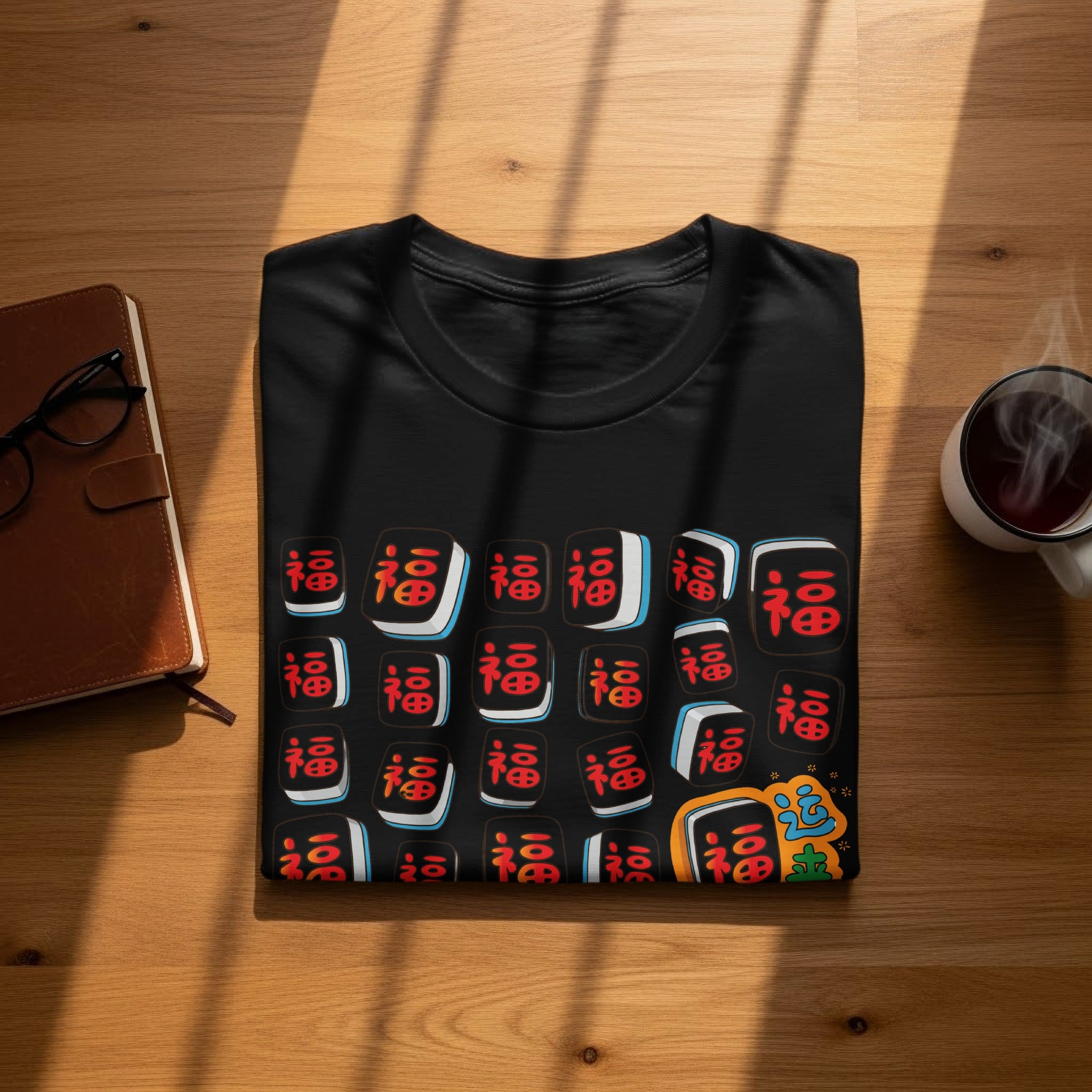 Black t-shirt with red Chinese characters on tiles, set on a wooden table.