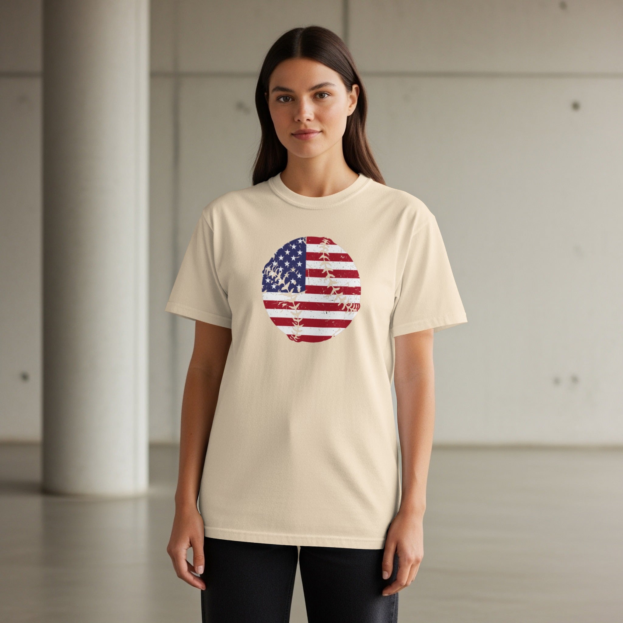 T-shirt with distressed American flag baseball graphic on the chest.