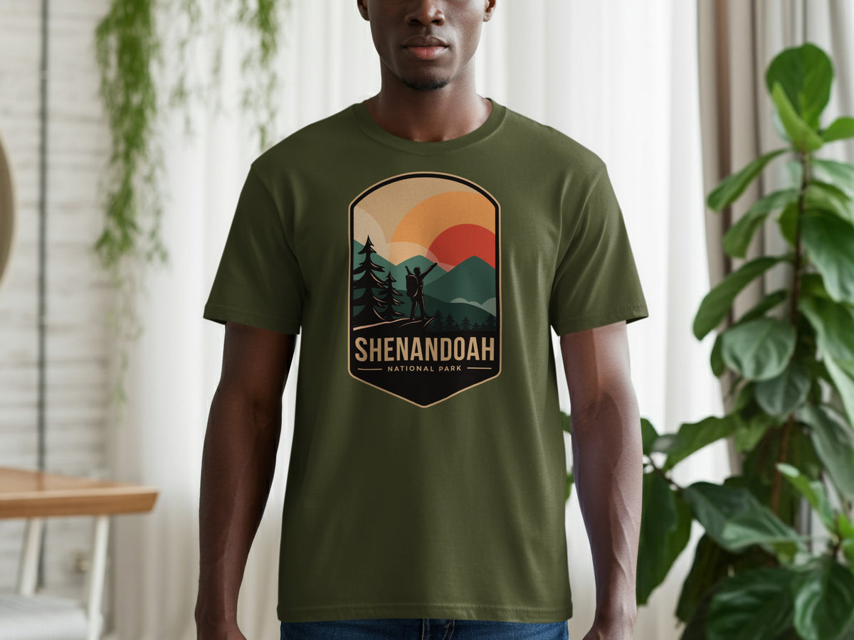 Shenandoah National Park graphic on a green t-shirt.