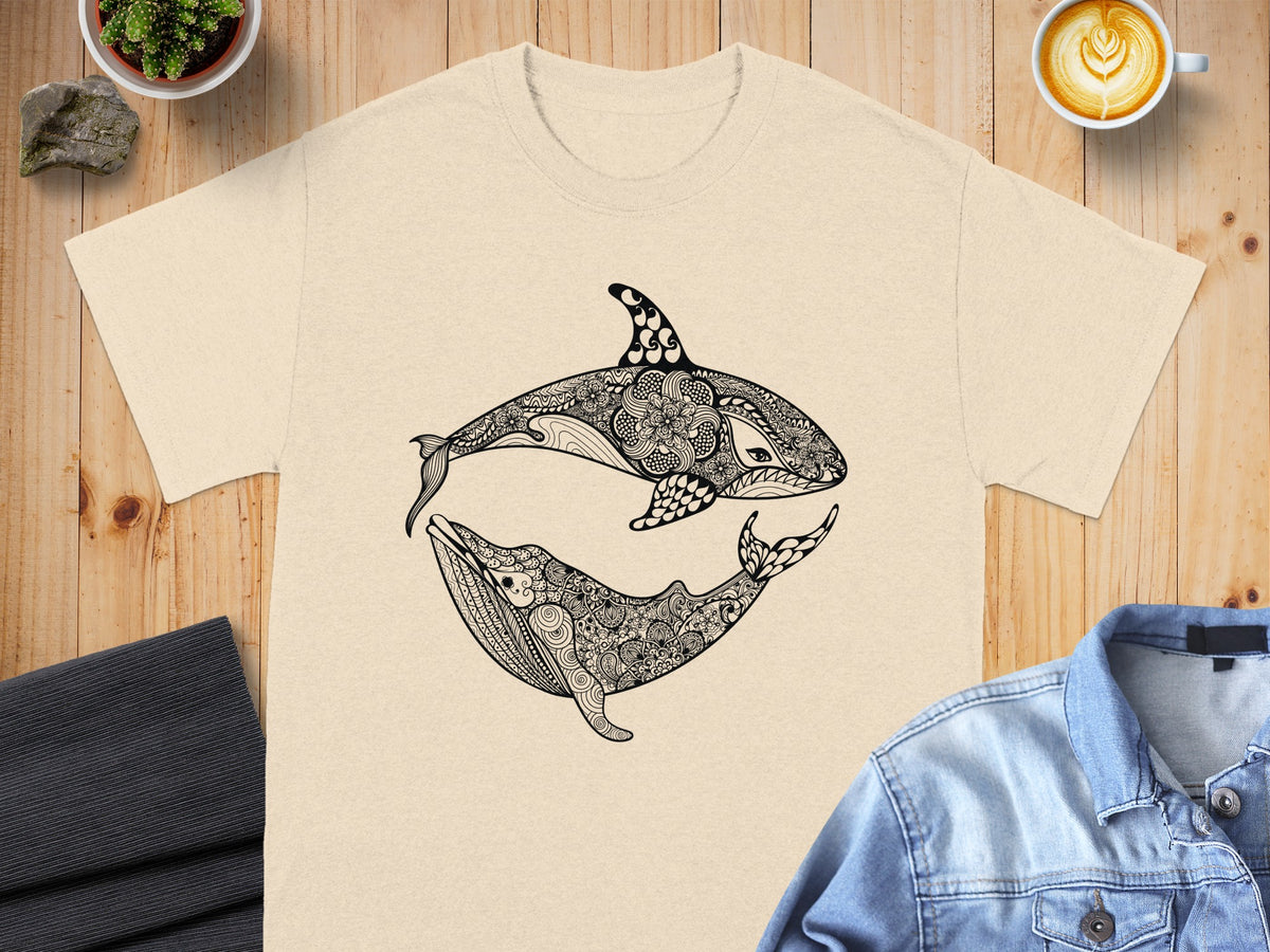 T-shirt with black orca and whale mandala design.