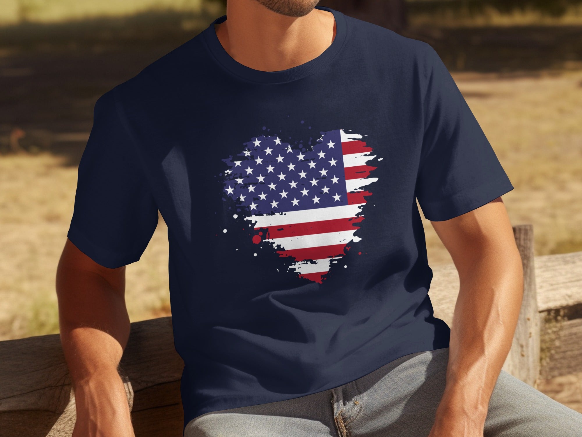 Navy t-shirt with a heart-shaped American flag design.