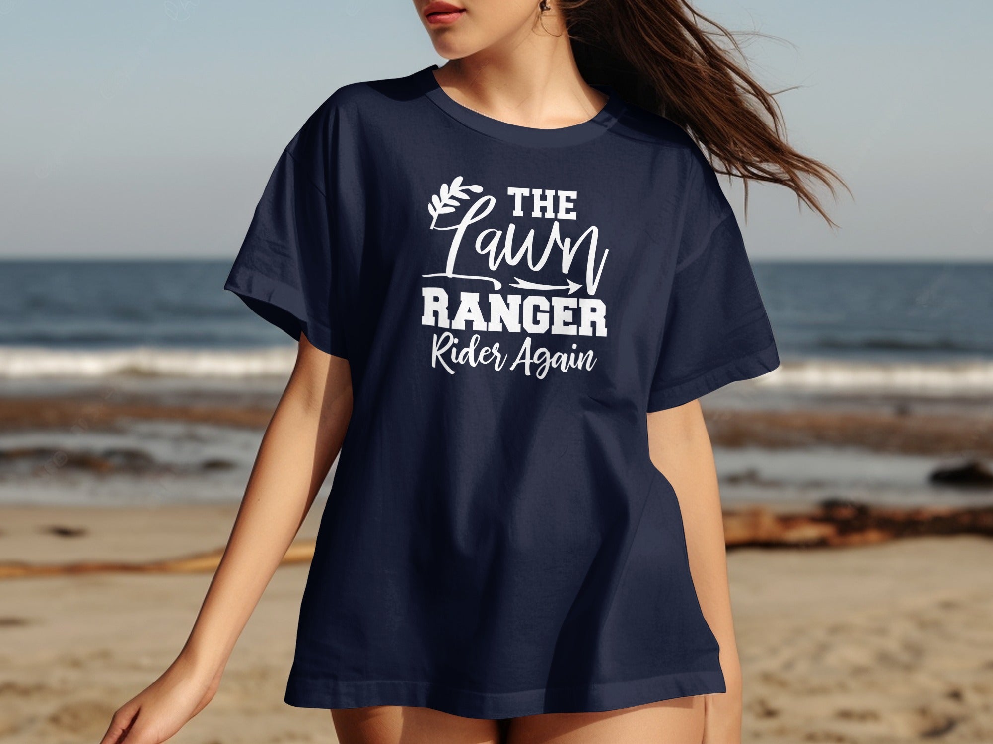 Navy t-shirt with "The Lawn Ranger Rider Again" text on the front.