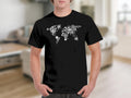 Black t-shirt with a world map graphic composed of various crosses.
