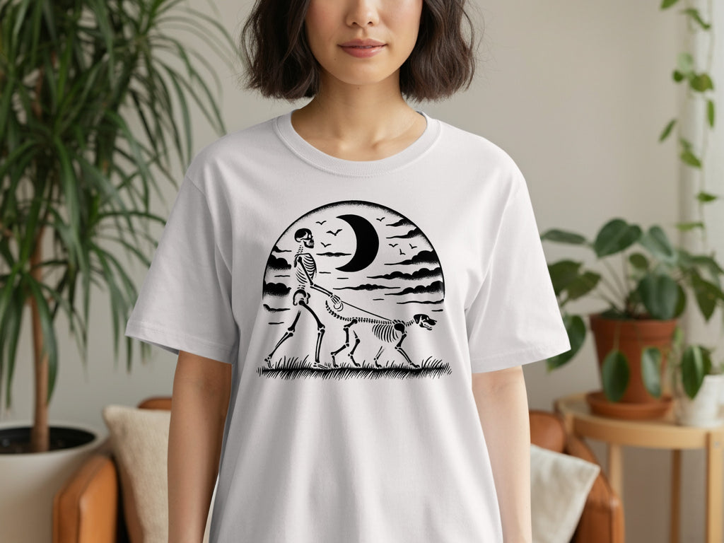 Skeleton walking a dog under a crescent moon and clouds.