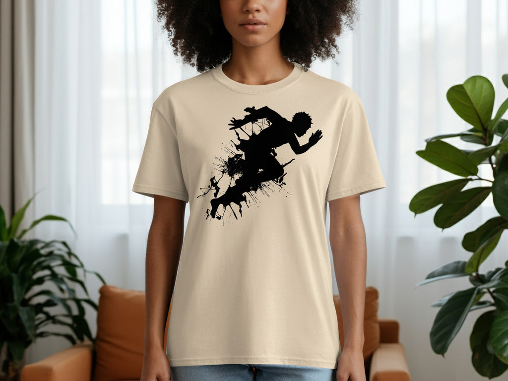 Light beige t-shirt with a black silhouette of a runner in splattered paint.
