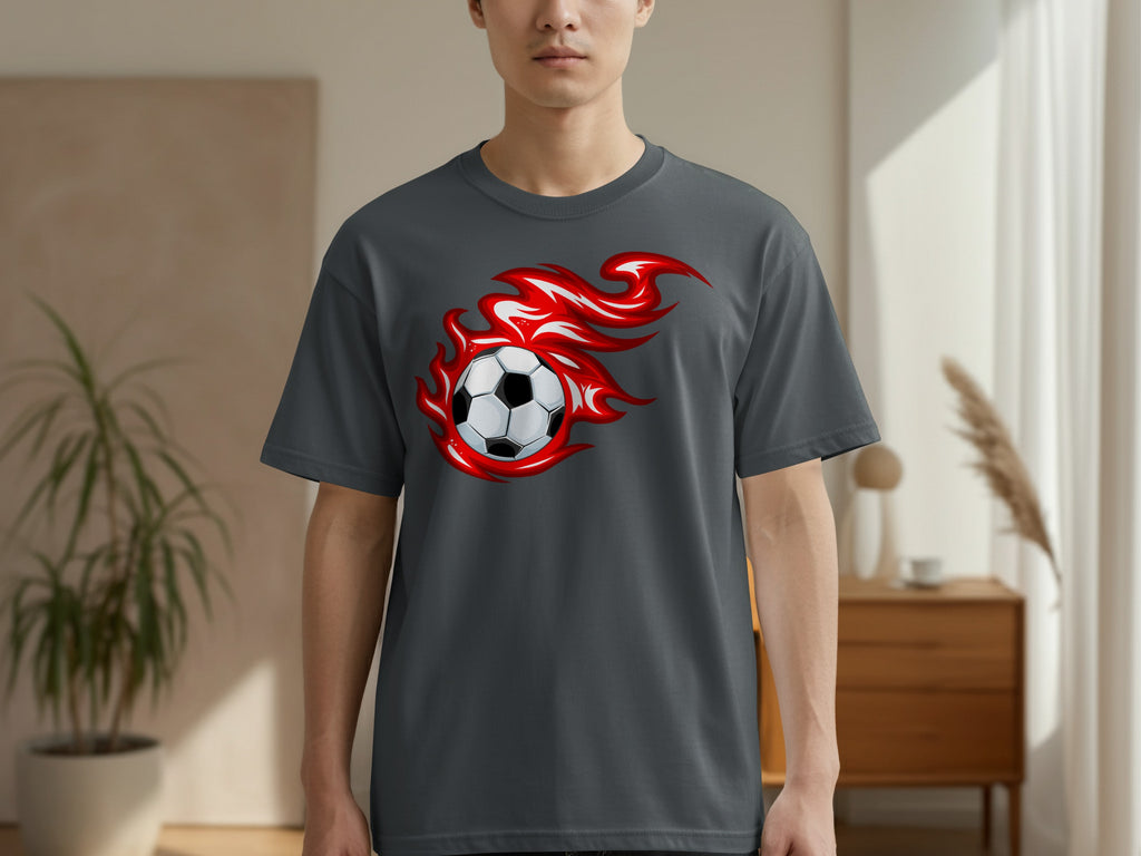 Dark grey t-shirt with a black and white soccer ball on fire graphic design.
