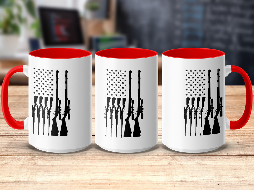 Three white mugs with red handles and rims, featuring a black rifle and American flag design.