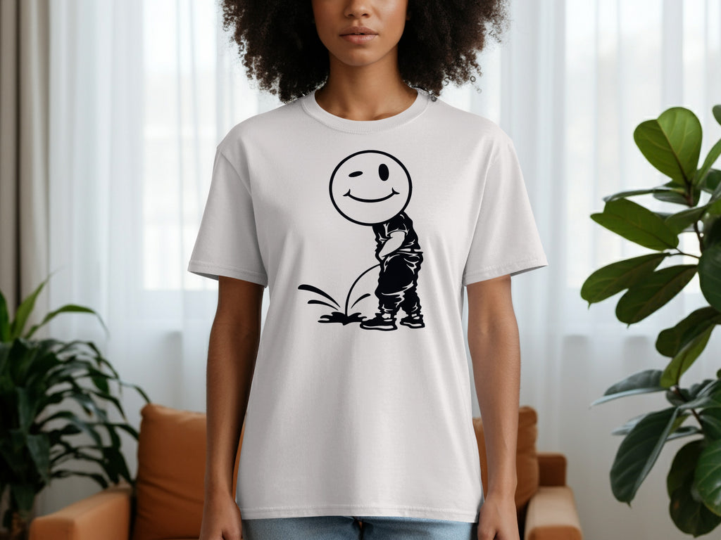 White t-shirt with black graphic of a winking smiley face peeing.