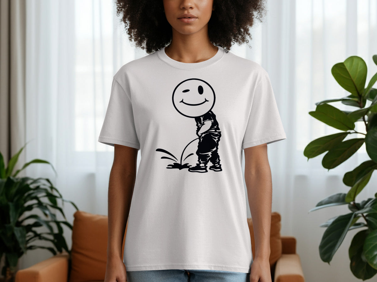 White t-shirt with black graphic of a winking smiley face peeing.
