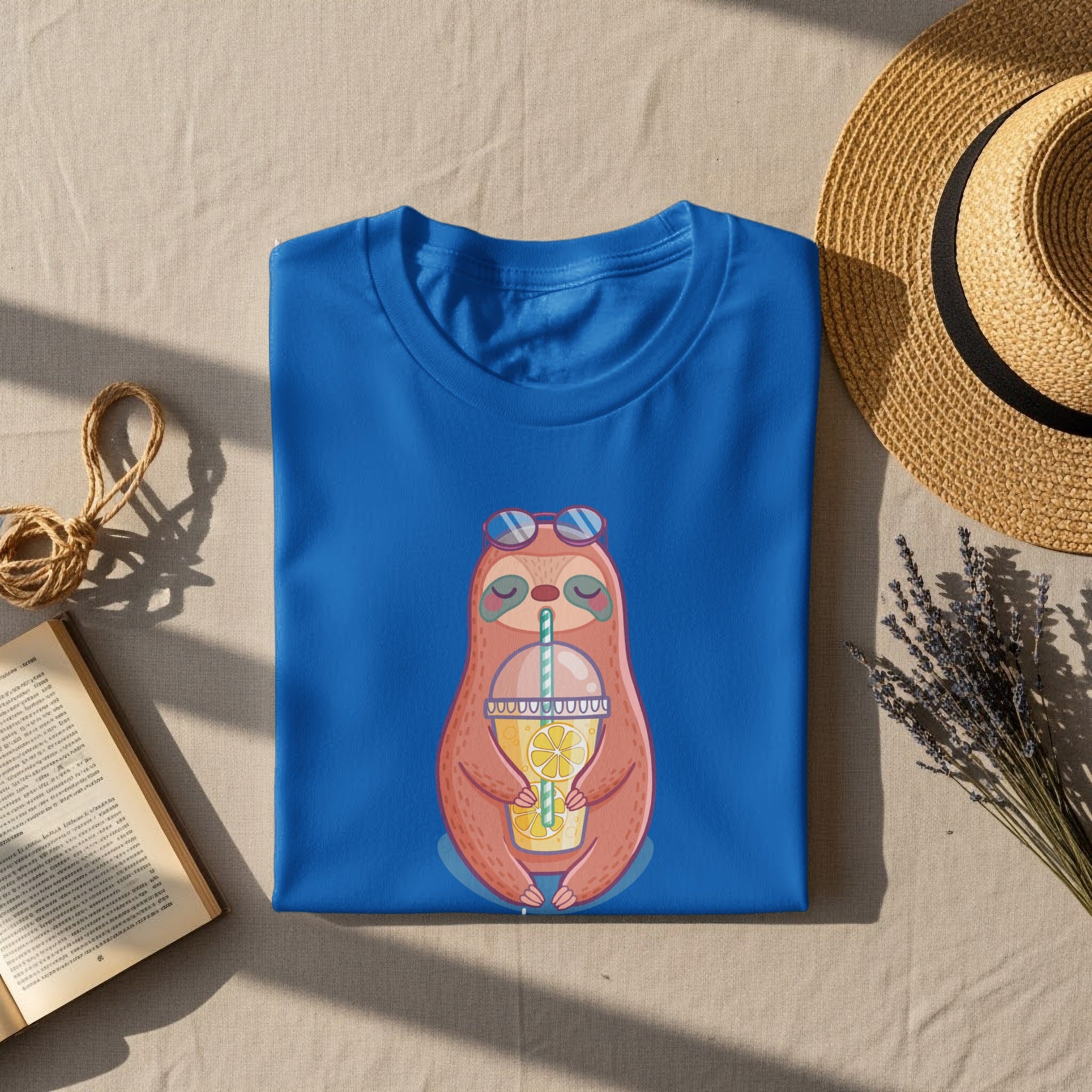 Blue t-shirt with a graphic of a sloth drinking lemonade, wearing sunglasses.