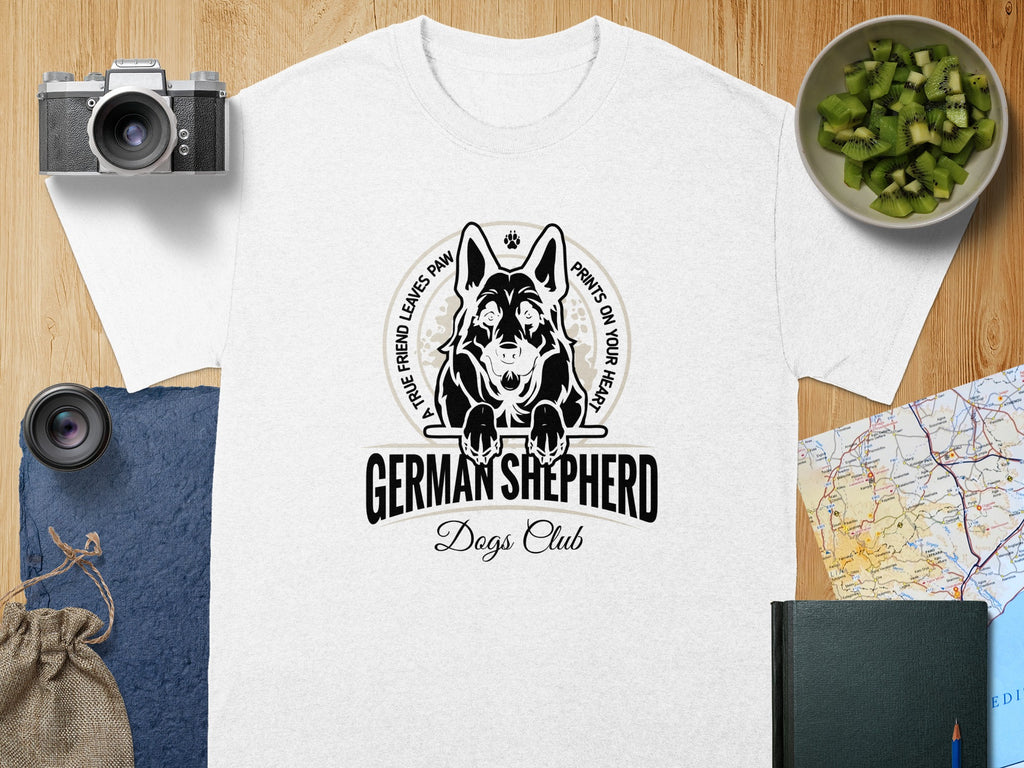 White t-shirt with black German Shepherd print reading "German Shepherd Dogs Club".