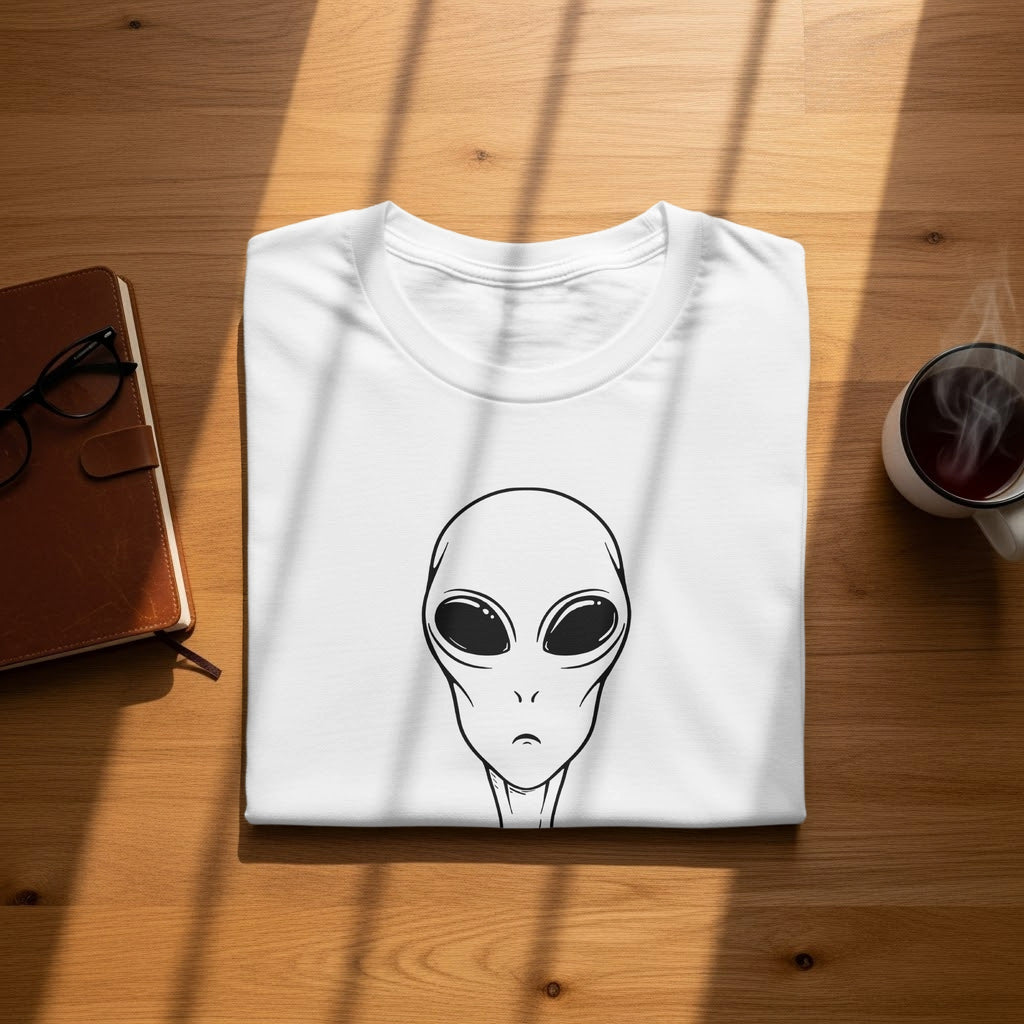 White t-shirt with a black outline drawing of an alien's head.