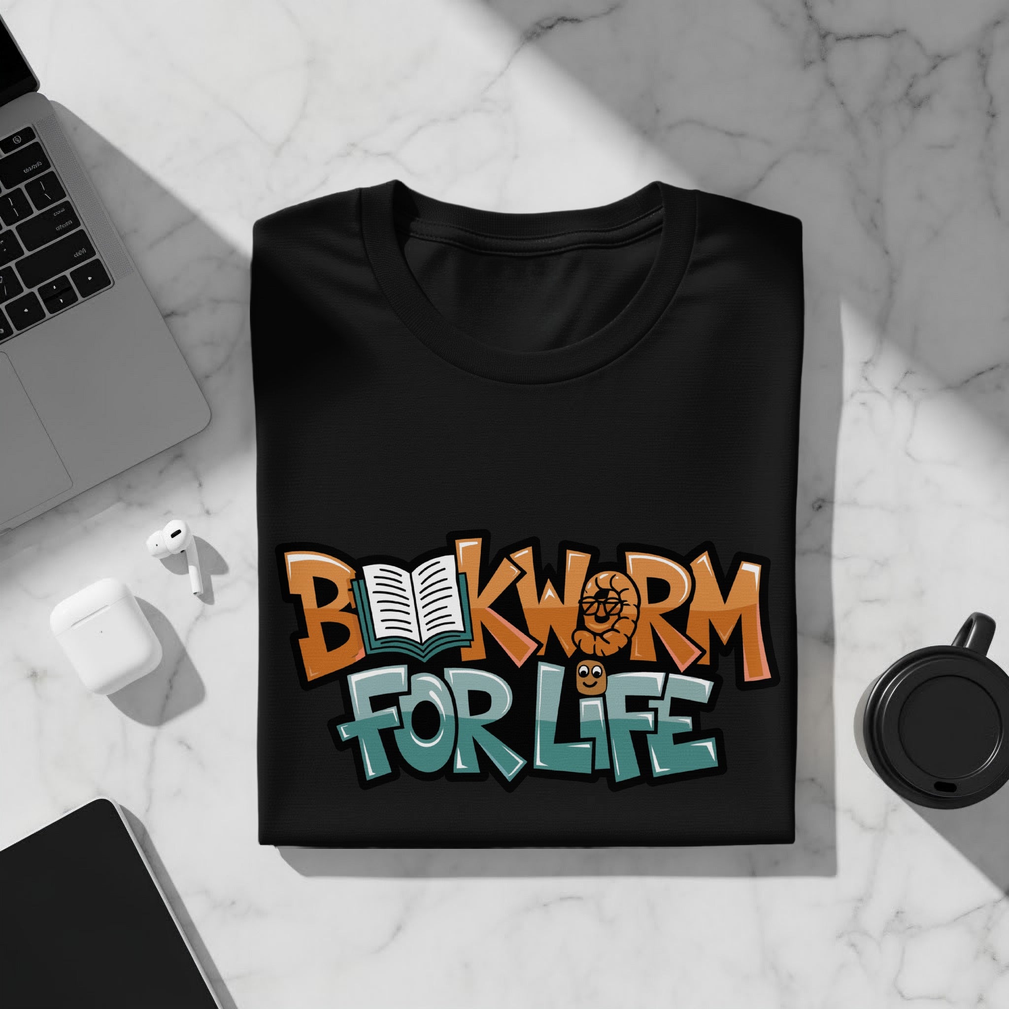 Black t-shirt with "Bookworm For Life" graphic featuring a book and a cartoon worm.