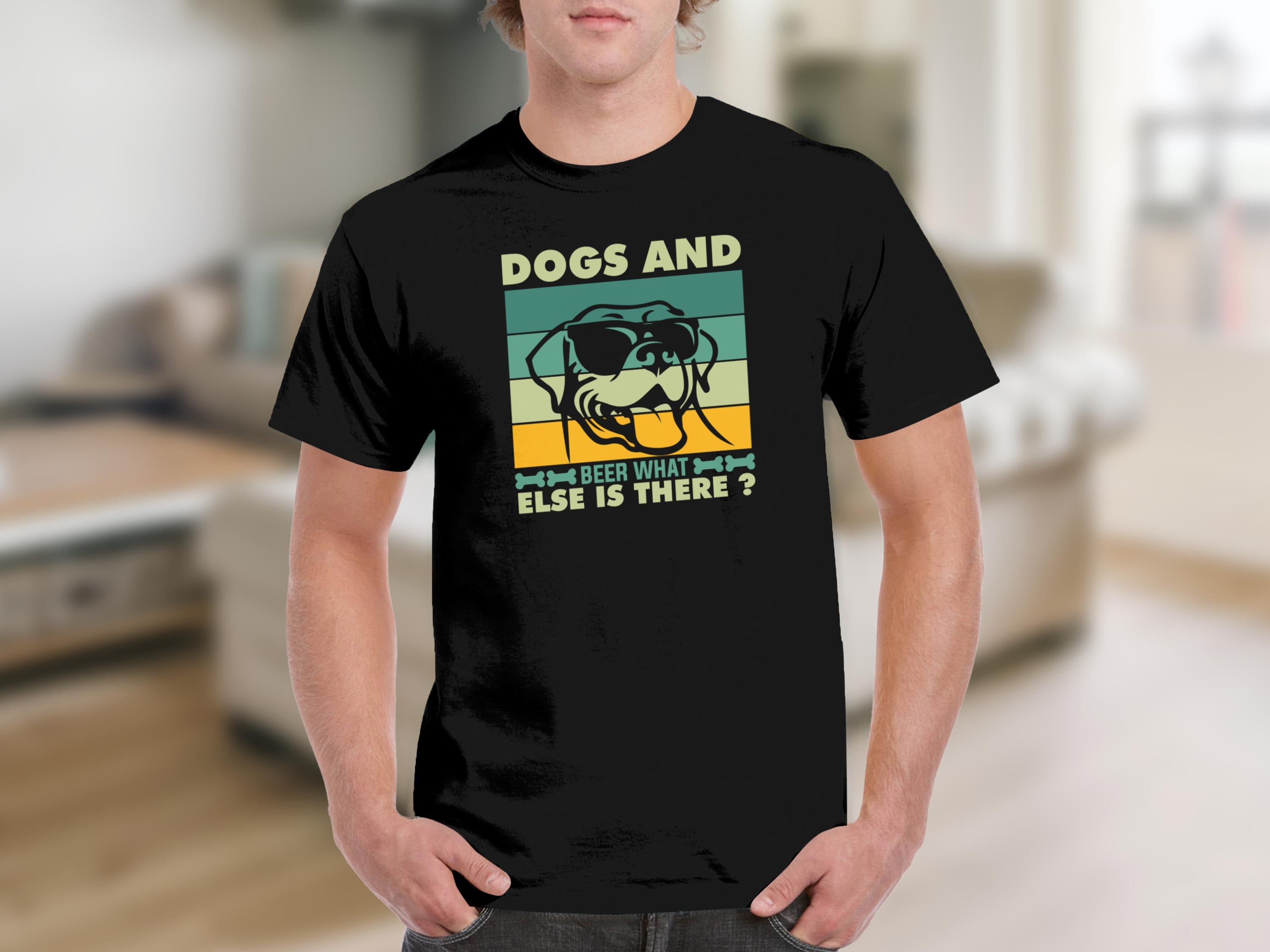Black t-shirt with retro design of dog in sunglasses and text "Dogs and Beer What Else Is There?".