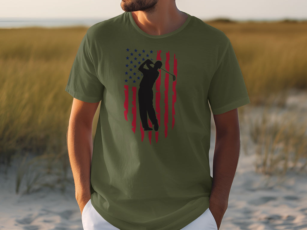 Green t-shirt with silhouette of golfer and American flag graphic.
