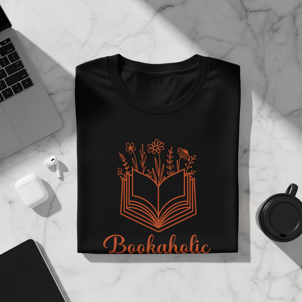 Black t-shirt with opening book and flowers graphic and "Bookaholic" text.
