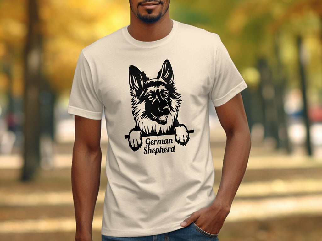 Cream t-shirt with black German Shepherd graphic and text.