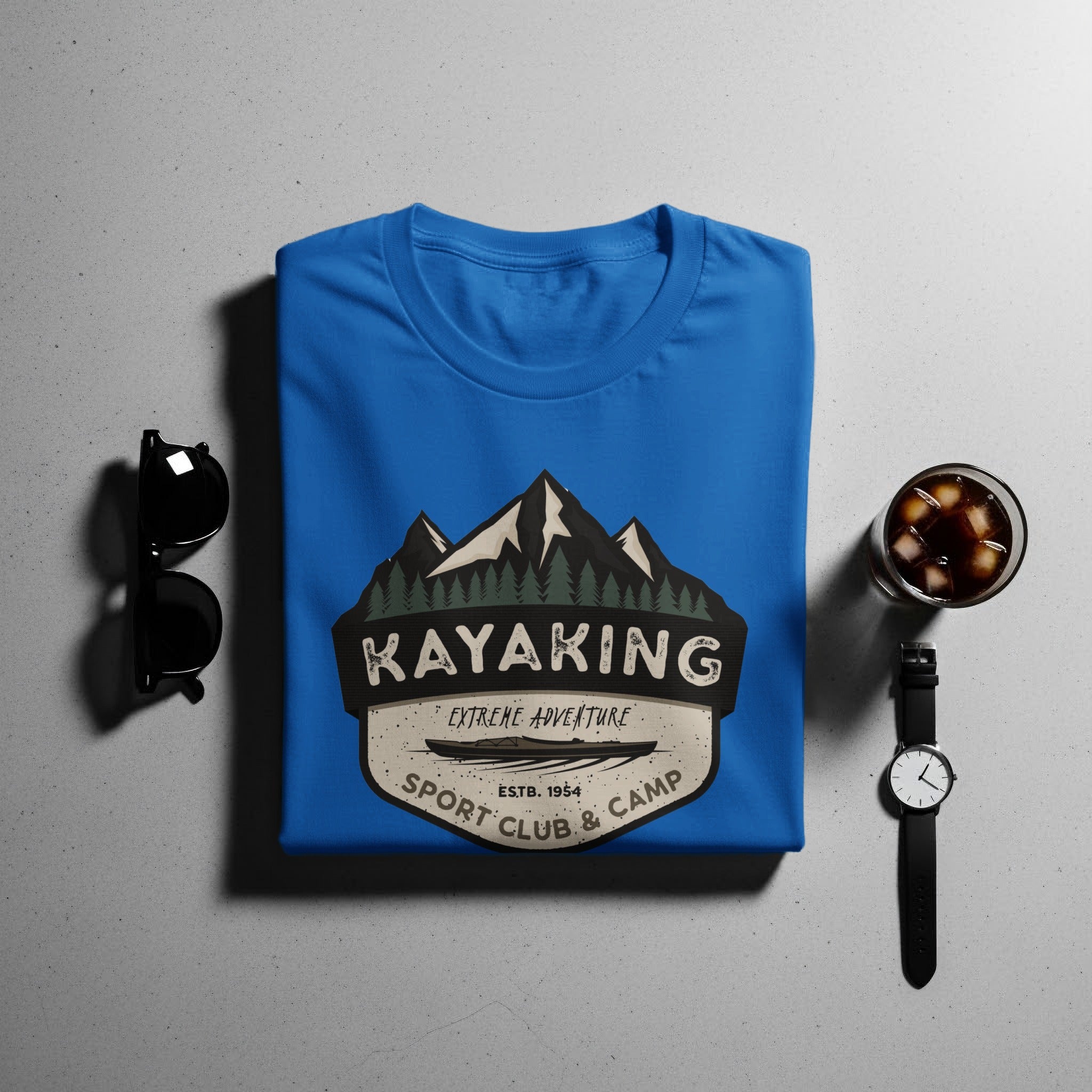 Blue t-shirt with "Kayaking Sport Club & Camp Extreme Adventure" graphic.