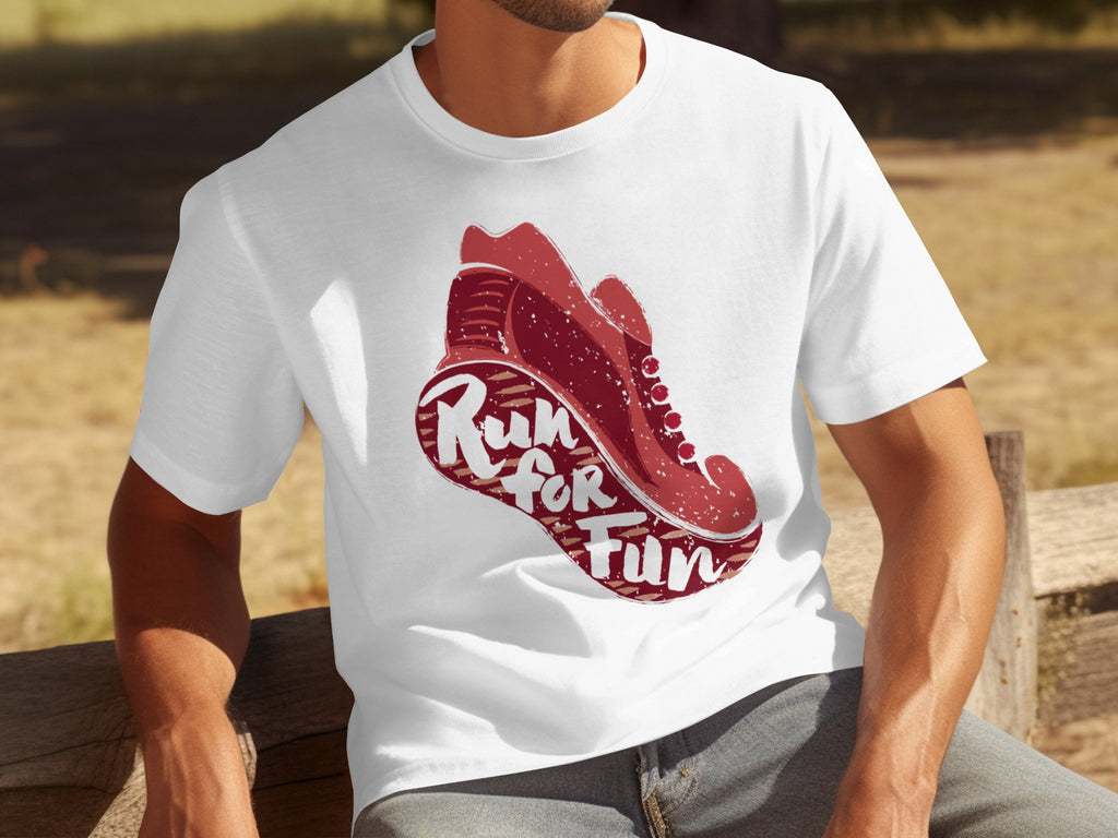 White t-shirt with a red running shoe graphic and "Run for Fun" text.