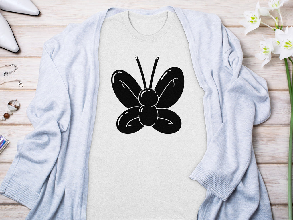 Light gray t-shirt with a black balloon butterfly graphic.