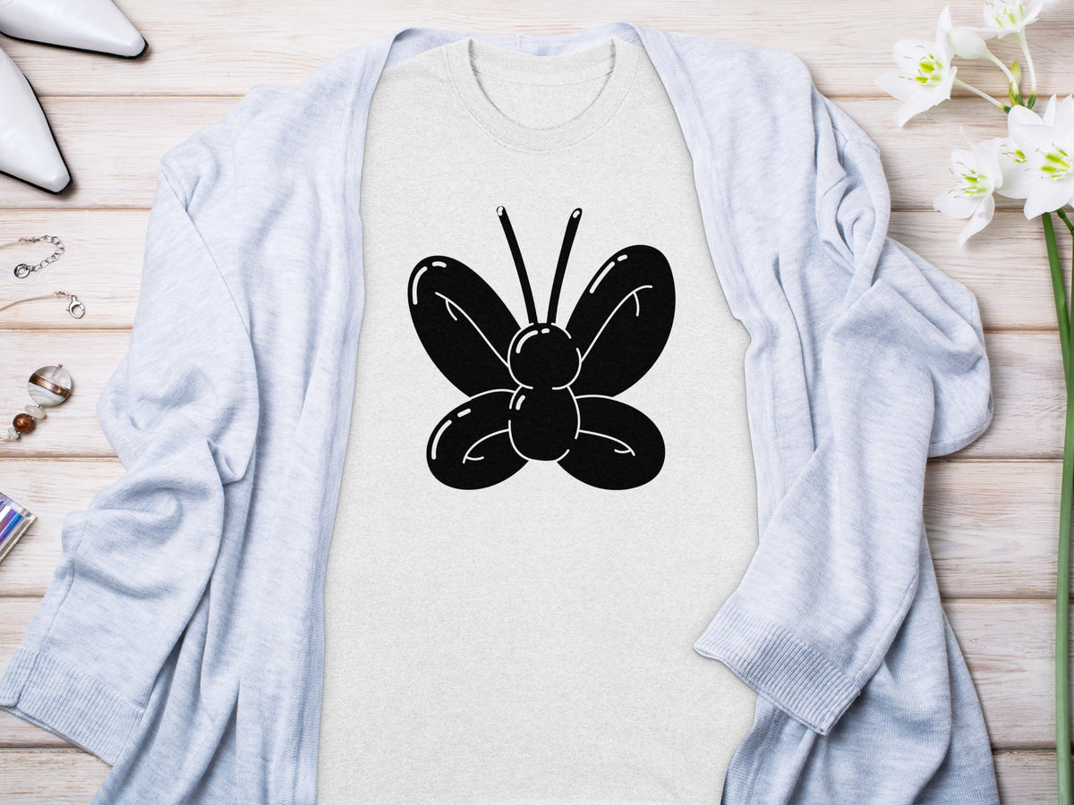 Light gray t-shirt with a black balloon butterfly graphic.