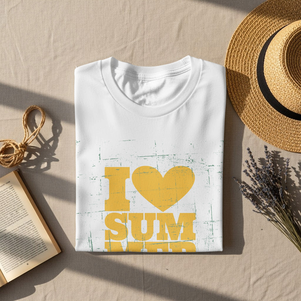 White t-shirt with distressed yellow "I Love Summer" graphic, hat, book, and lavender.