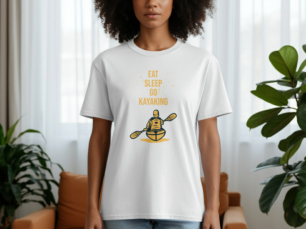 White t-shirt with yellow text "EAT SLEEP GO KAYAKING" and graphic of kayaker.