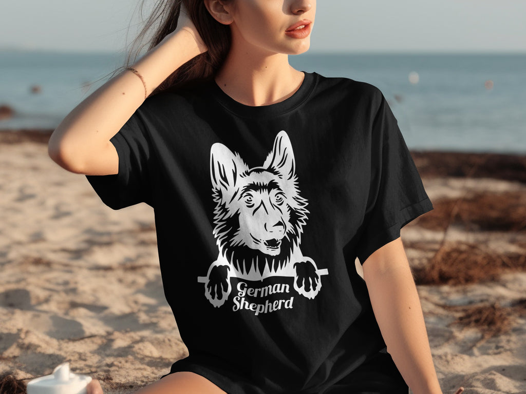 Black t-shirt with white German Shepherd graphic and text.