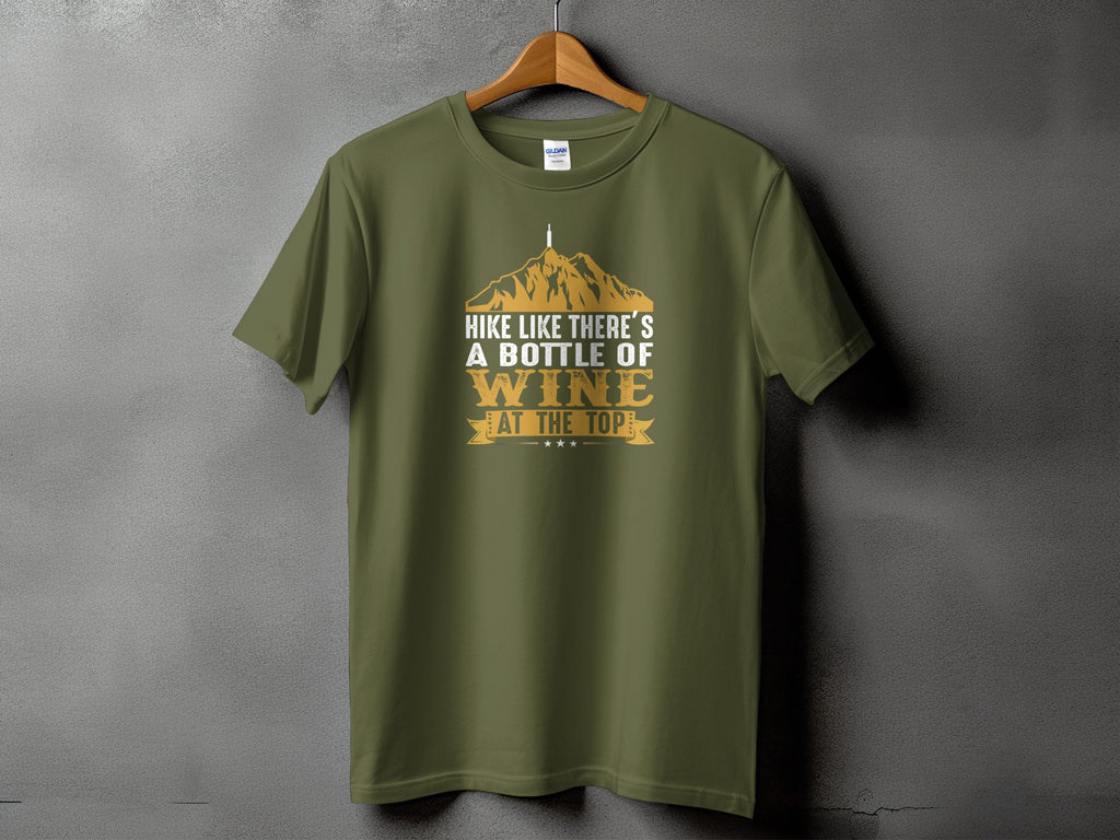 Olive t-shirt with mountains and the text "Hike like there's a bottle of wine at the top."