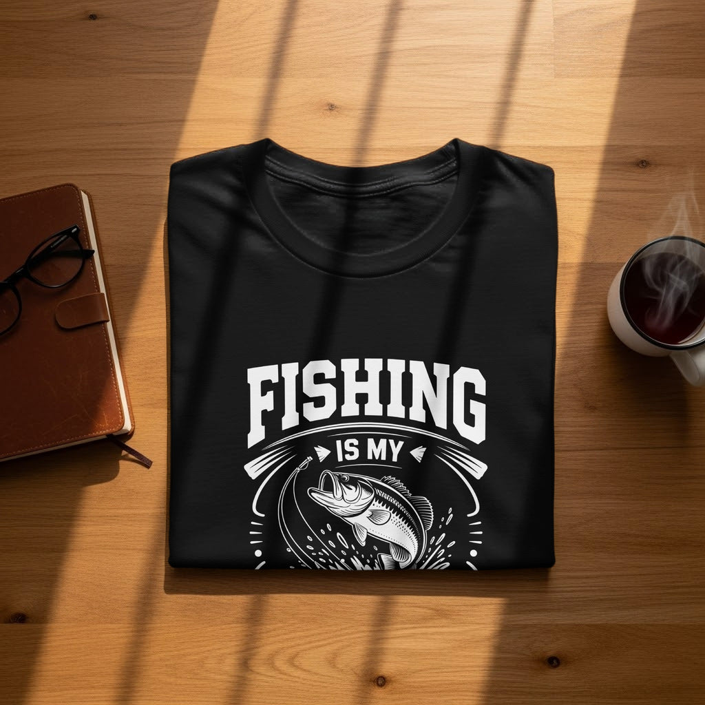 Black t-shirt with "FISHING IS MY PASSION" text and a leaping bass fish graphic.