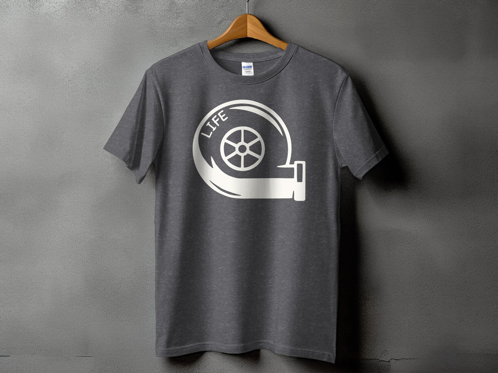 Dark grey t-shirt with white turbocharger graphic and "LIFE" text.