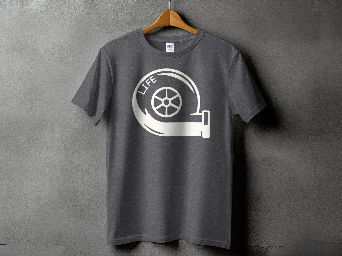 Dark grey t-shirt with white turbocharger graphic and "LIFE" text.
