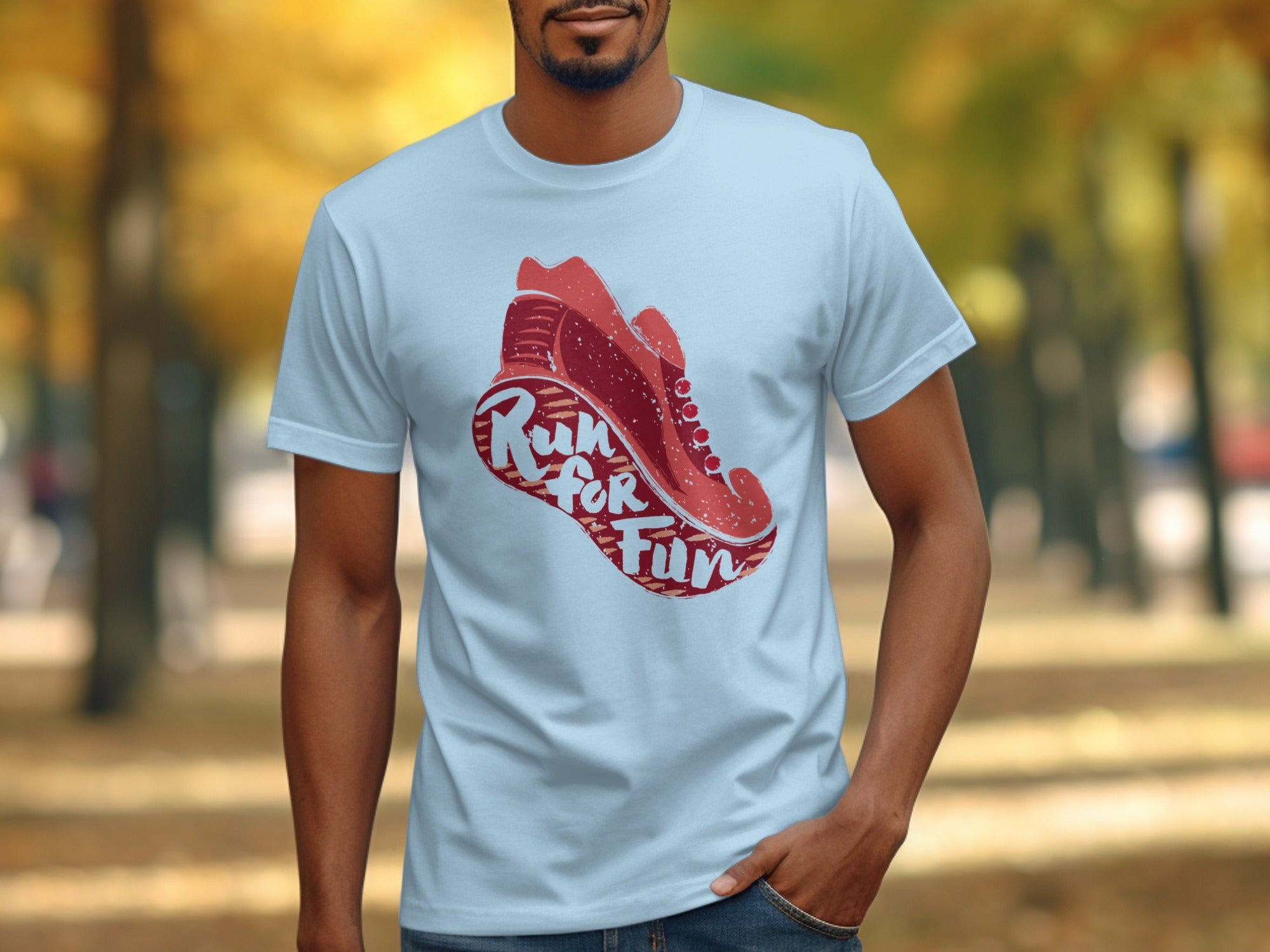 Men's light blue t-shirt with red graphic of a running shoe and text "Run for Fun."