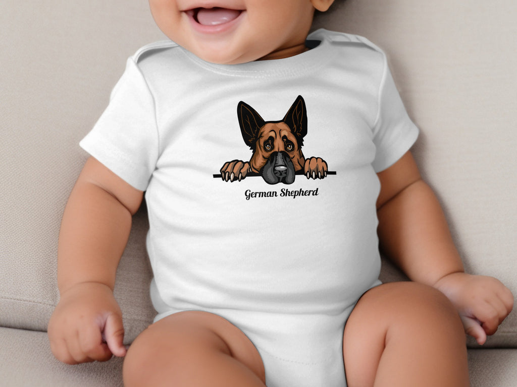 White baby onesie with a peeking German Shepherd illustration and text.