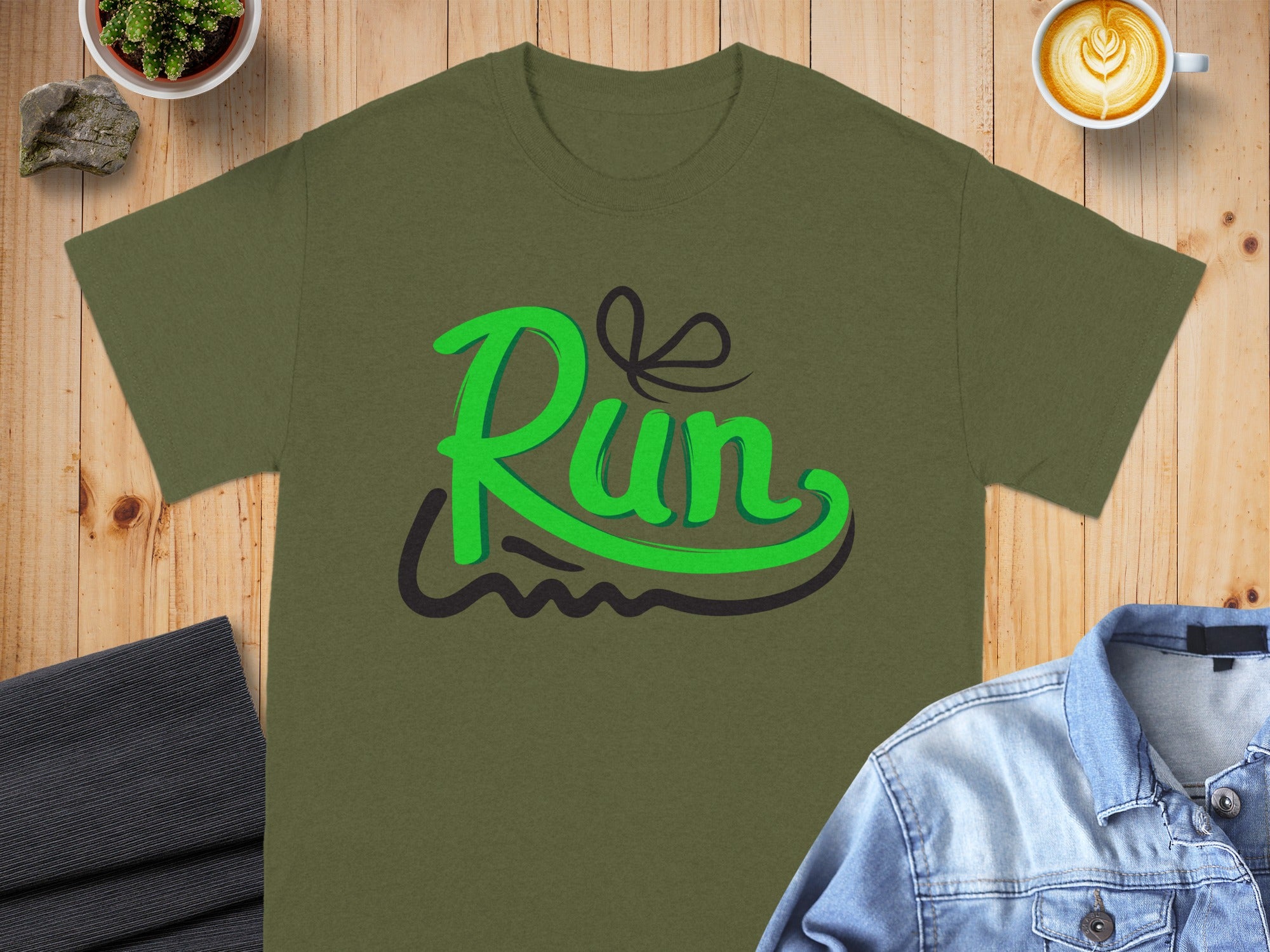 Olive green t-shirt with green "Run" text and a black outline.