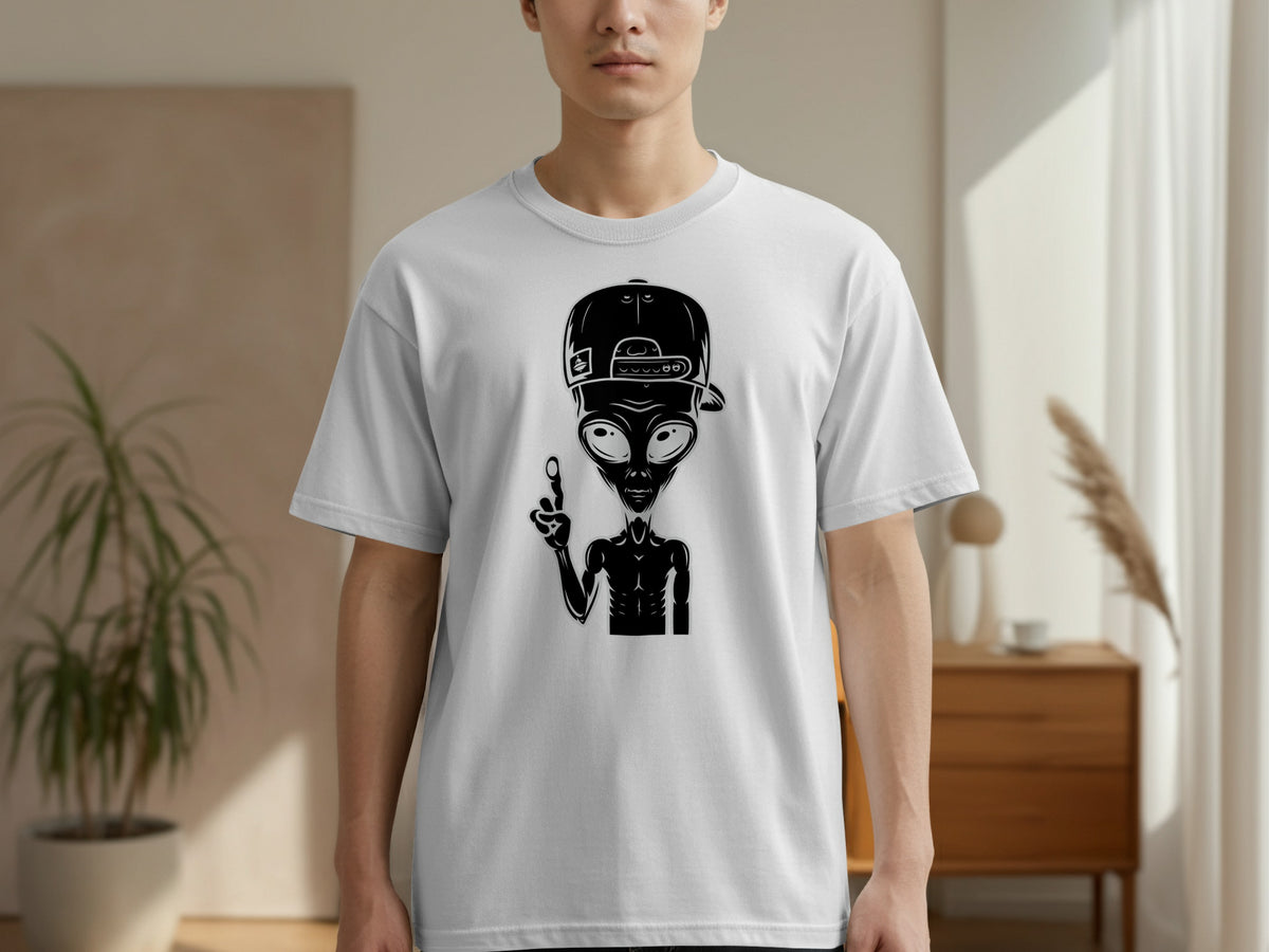 White t-shirt with a black graphic of an alien wearing a baseball cap and raising a finger.