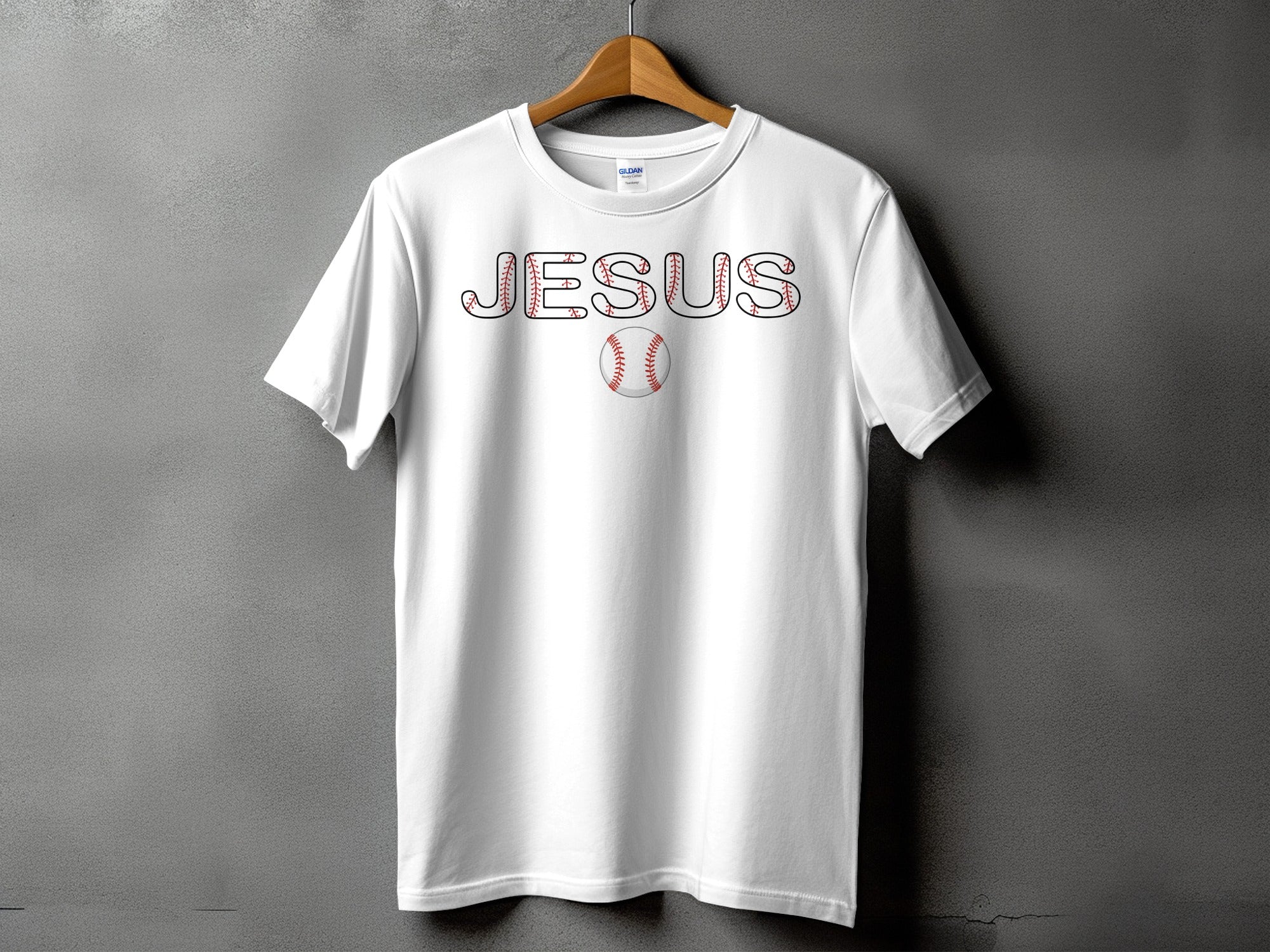 White t-shirt with "JESUS" text and baseball graphic.