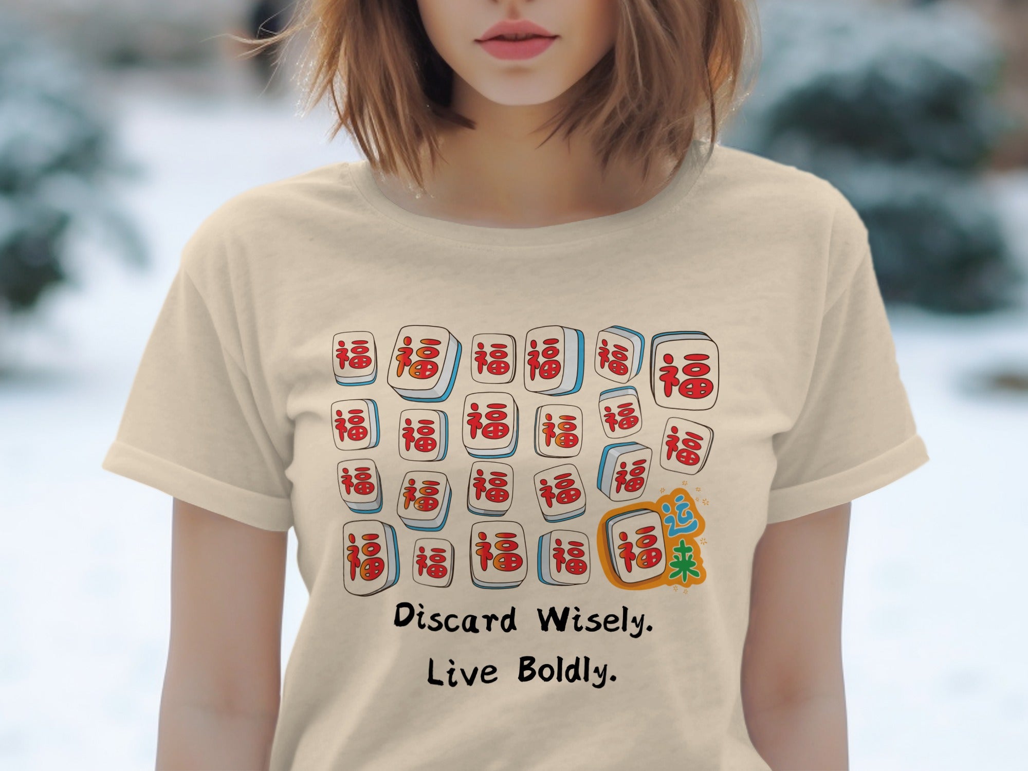 Cream t-shirt with mahjong tiles, Chinese characters, and text.