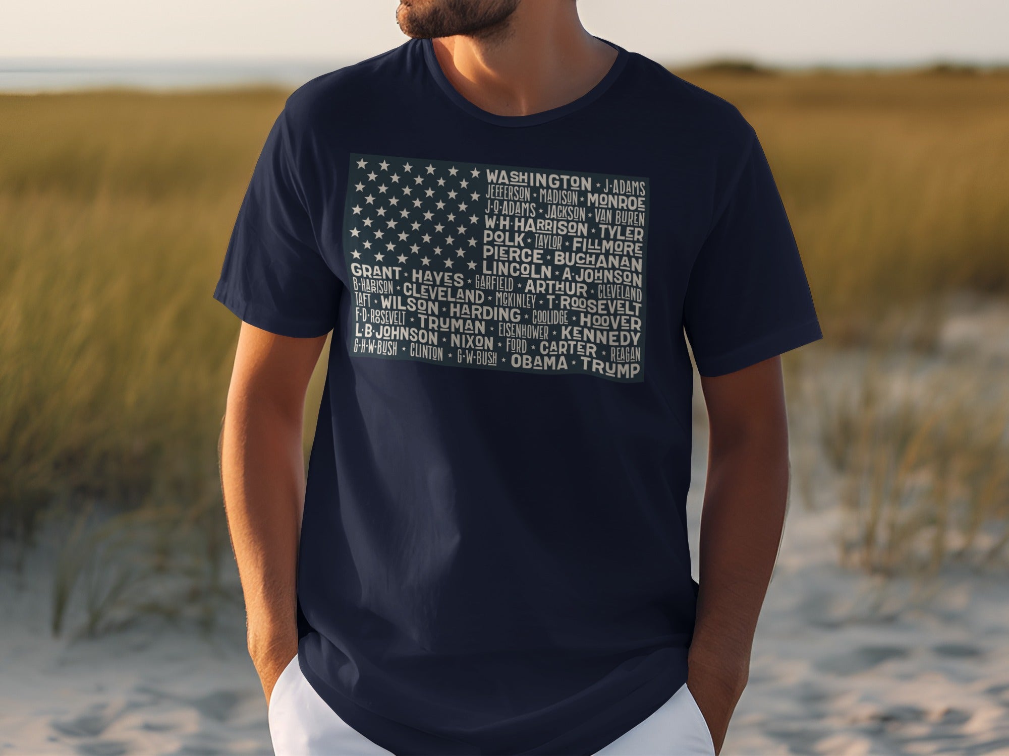 Navy t-shirt with US flag design listing US presidents' names.