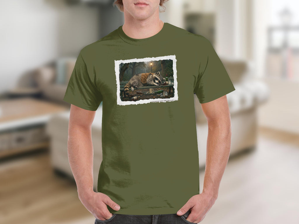 T-shirt with a printed image of a raccoon sleeping on a park bench.