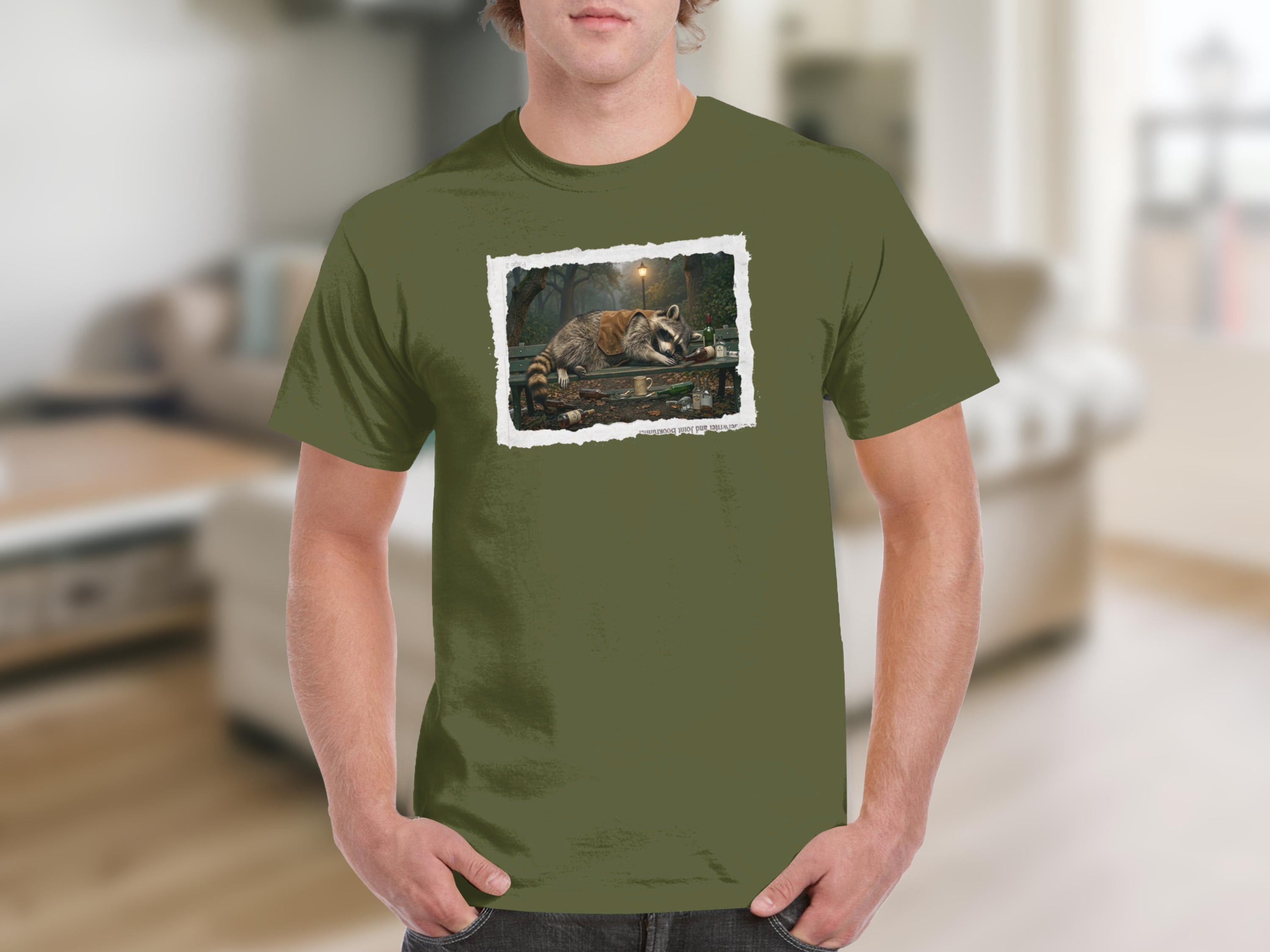 T-shirt with a printed image of a raccoon sleeping on a park bench.