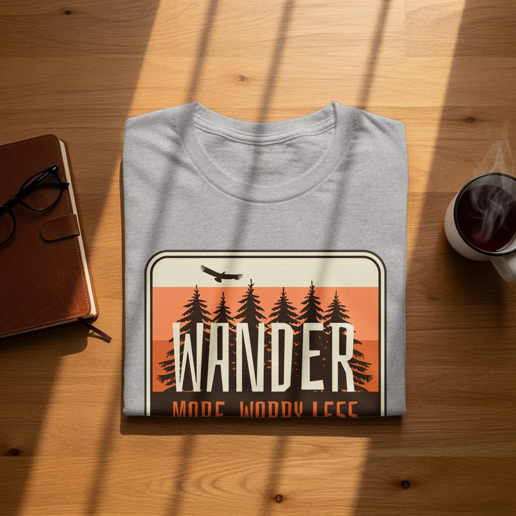 Grey t-shirt with "Wander Mode Wnoddy Less" graphic featuring trees and a bird.