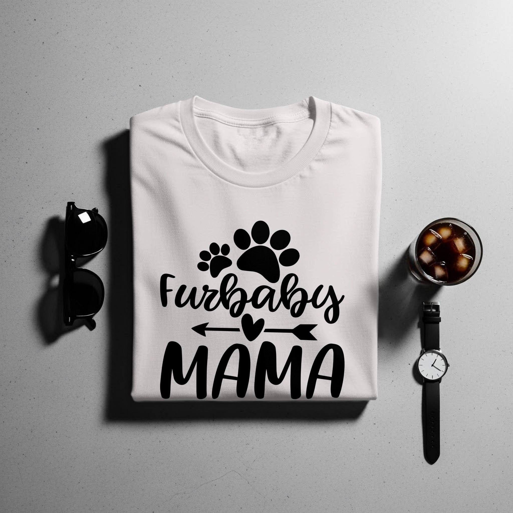 White t-shirt with "Furbaby MAMA" text and paw prints.