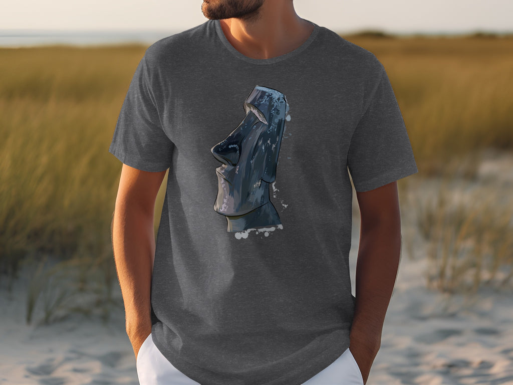 Dark grey t-shirt with a graphic of a Moai statue on the front.